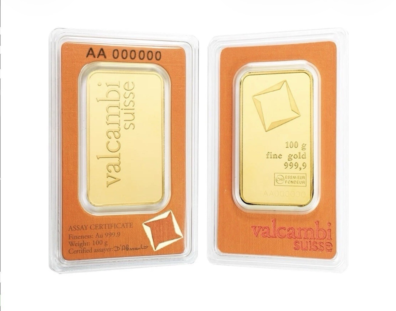 100 gram Gold Bar – Valcambi Suisse – 999.9 Fine in Sealed Assay