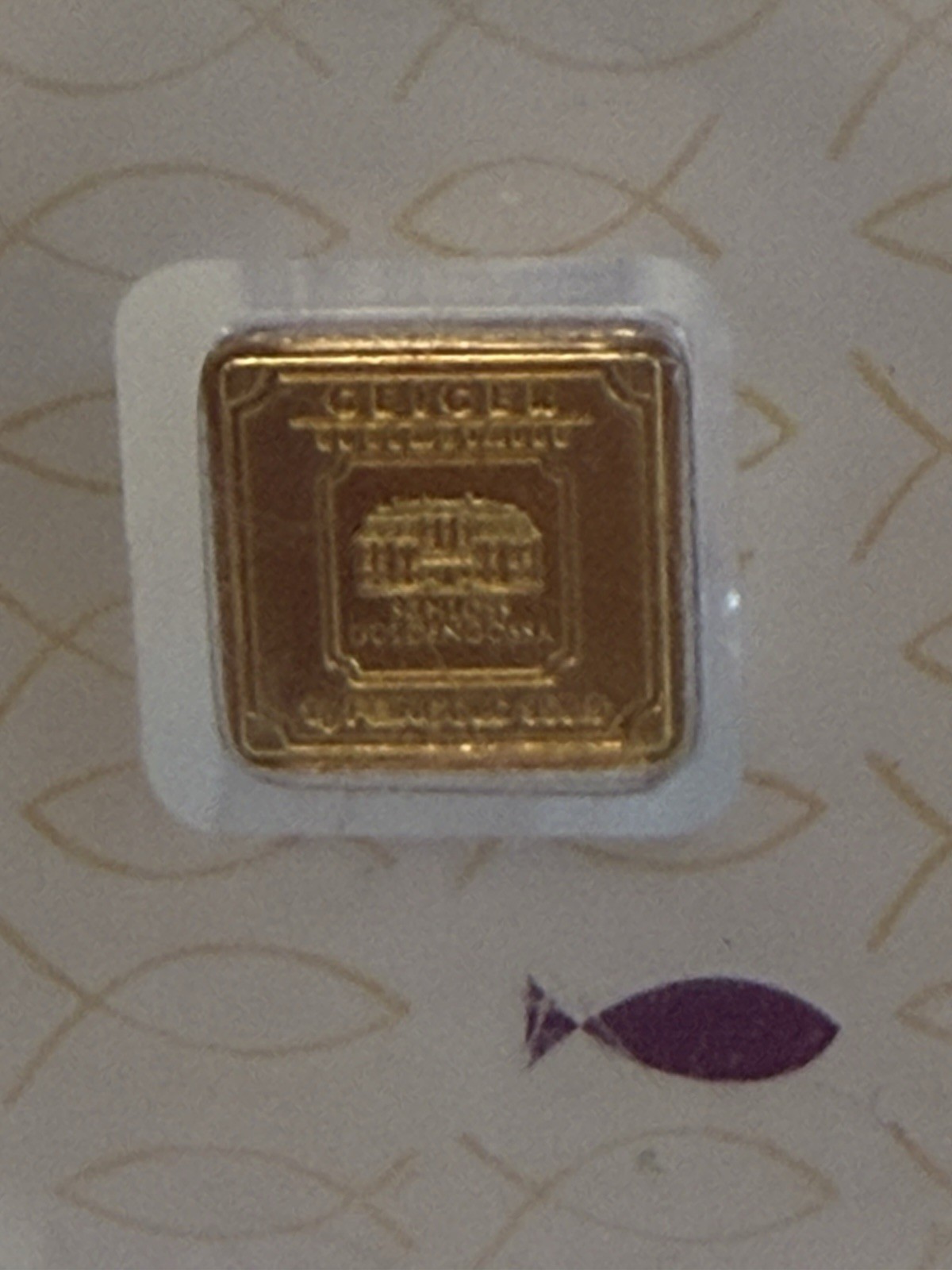 Geiger Edelmetalle 1g Gold Bar Purple Religious Fish Assay .9999 Fine