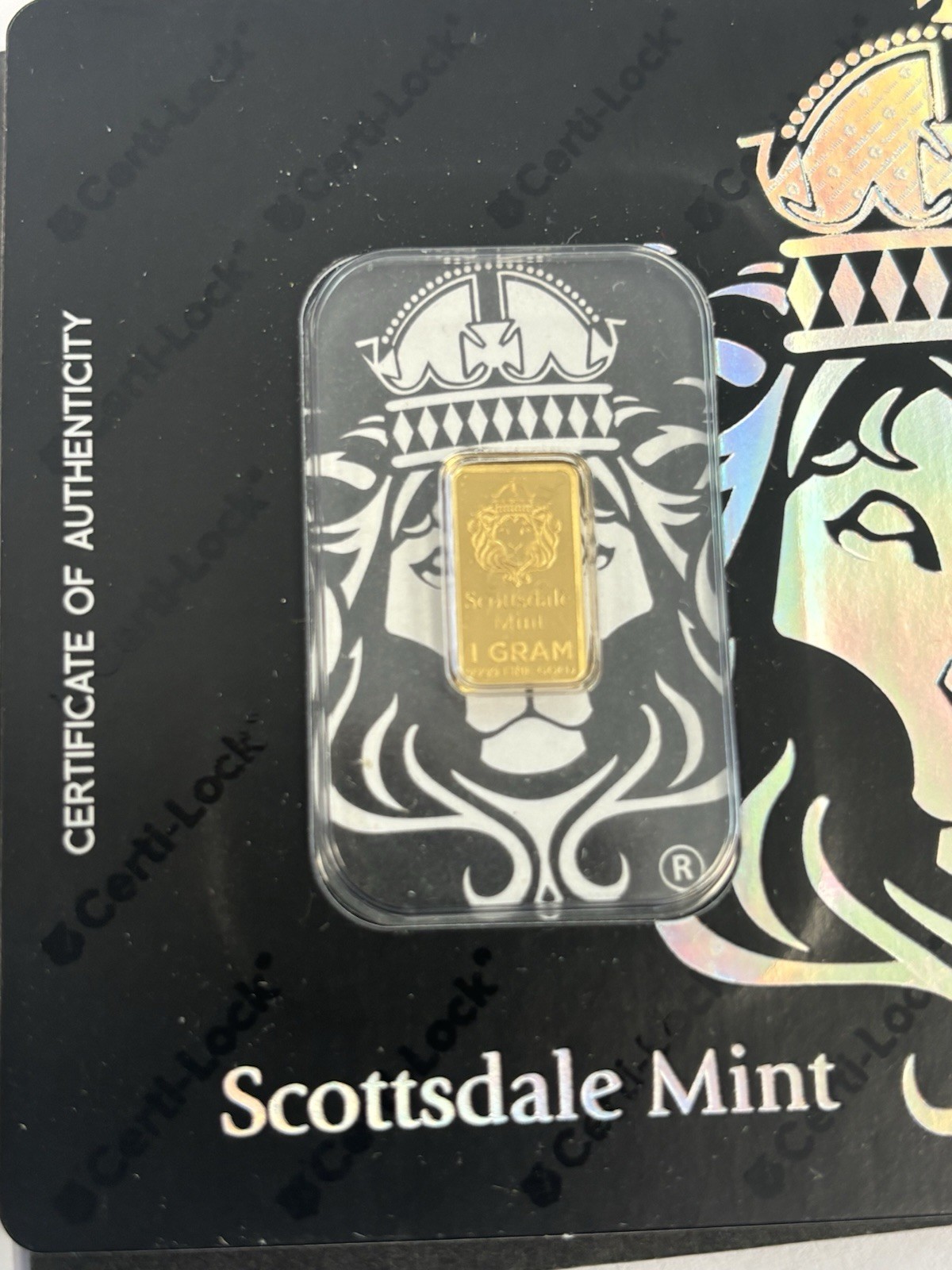 1 GRAM GOLD BAR .9999 FINE SCOTTSDALE MINT IN ASSAY CARD w/CERTI-LOCK