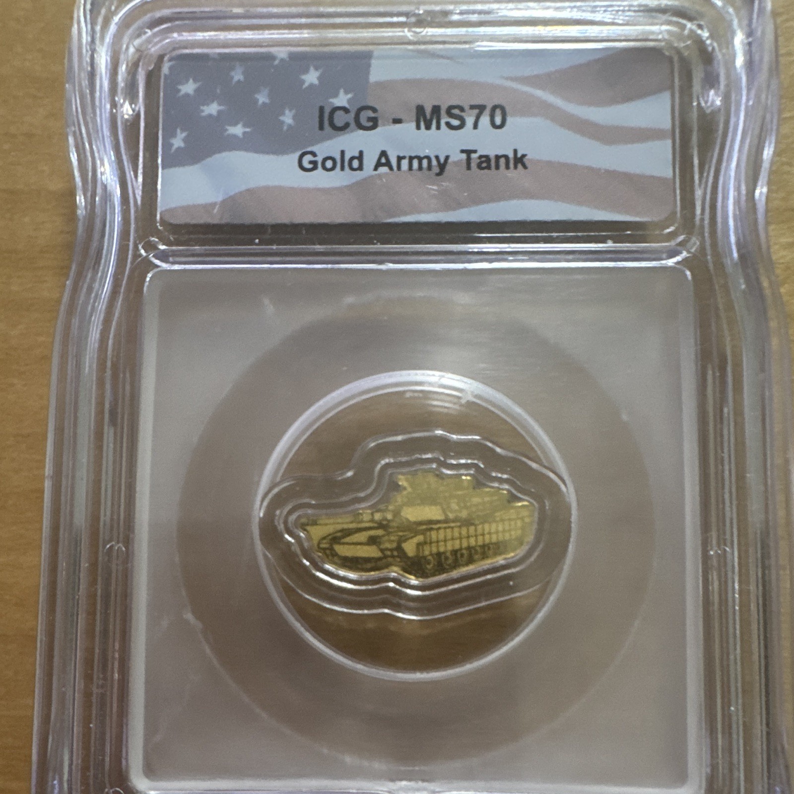 USA Gold Stars 1/1000 oz .999 Gold Army Tank Round ICG MS70 Slabbed