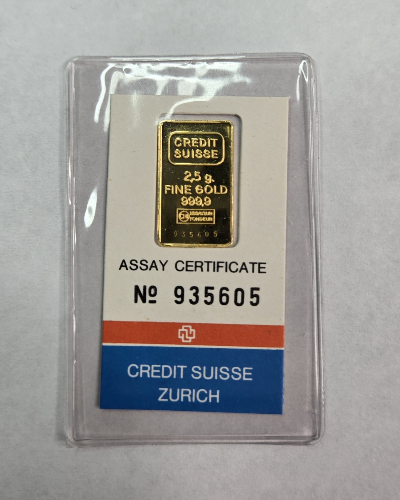 Credit Suisse Zurich 2.5g Fine Gold 999.9 Assay Certificate