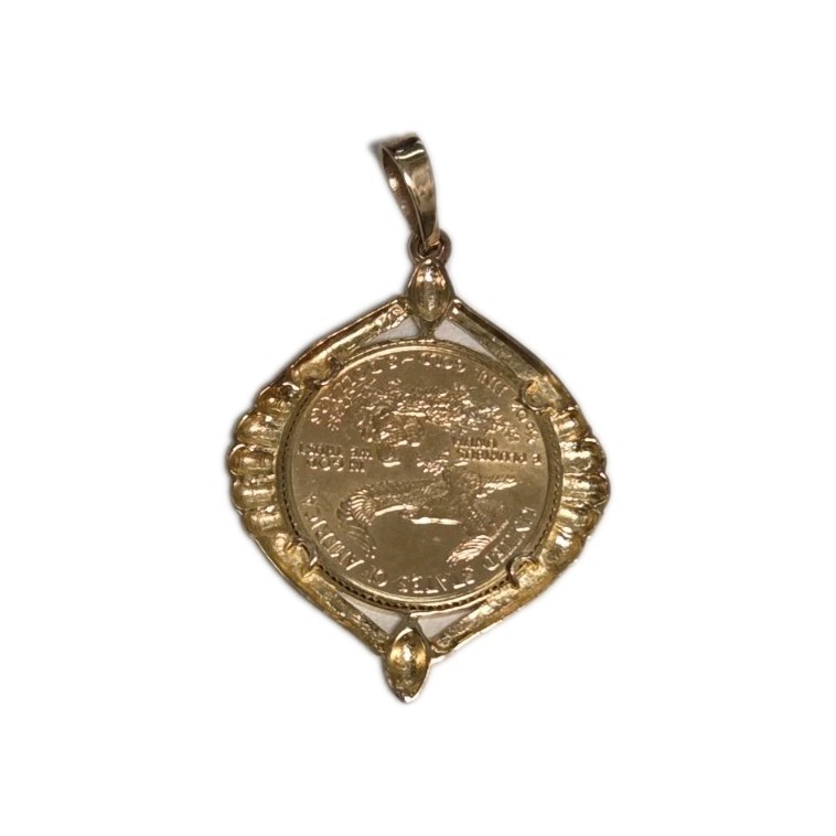 $5 US Eagle Coin 1/10 Oz Pure Gold In Fancy 14k Yellow Gold Frame 4.9 Grams