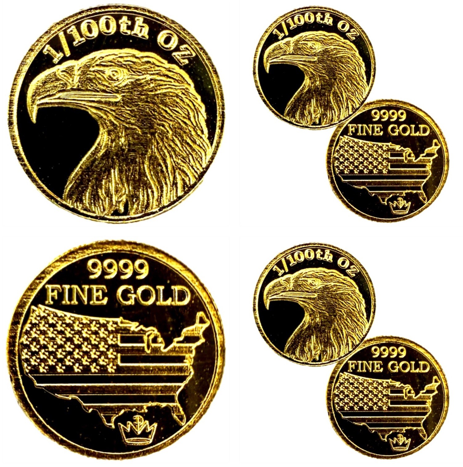 LOT 2 X 1/100 OZ MONARCH AMERICAN BALD EAGLE .9999 GOLD ROUNDS IN CAPSULE BU