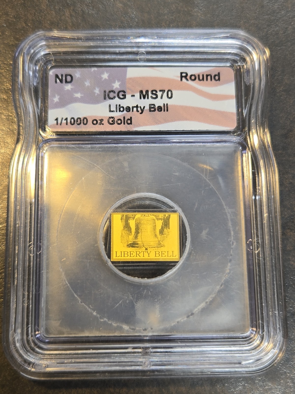 Liberty Bell 1/1000 oz .999 fine Gold Bar ICG MS70 Only 25000 Minted