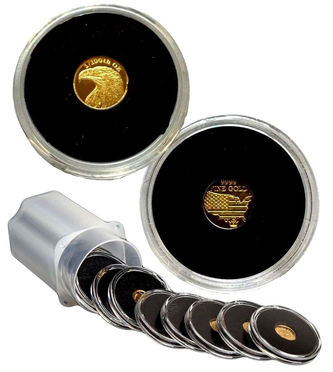 LOT 2 X 1/100 OZ MONARCH AMERICAN BALD EAGLE .9999 GOLD ROUNDS IN CAPSULE BU