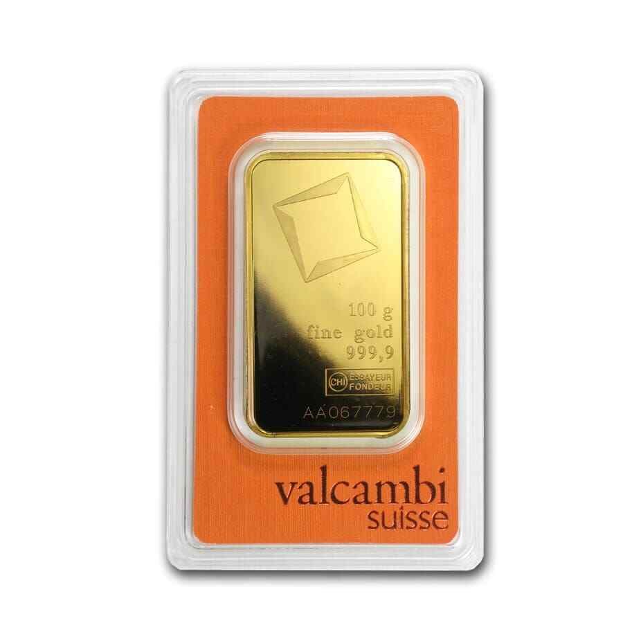 100 gram Gold Bar – Valcambi (Pressed w/Assay)
