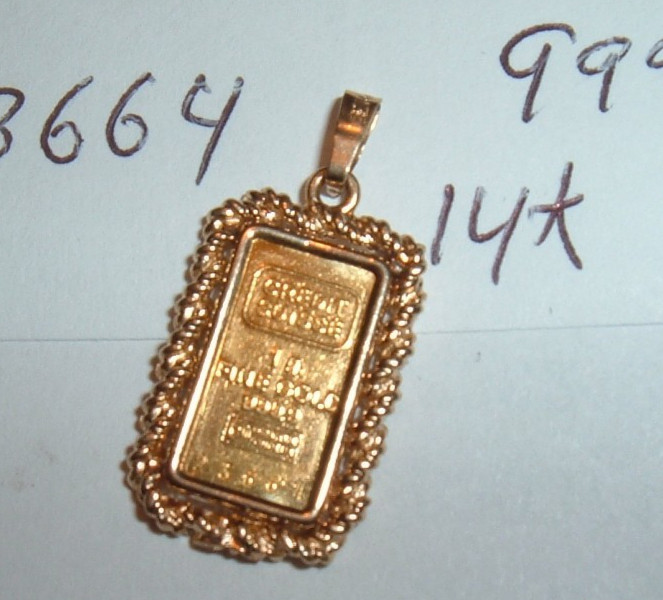 24K GOLD Credit Suisse 999.9 FINE INGOT BAR 14K ROPE BEZEL PENDANT CHAIN 2.51g