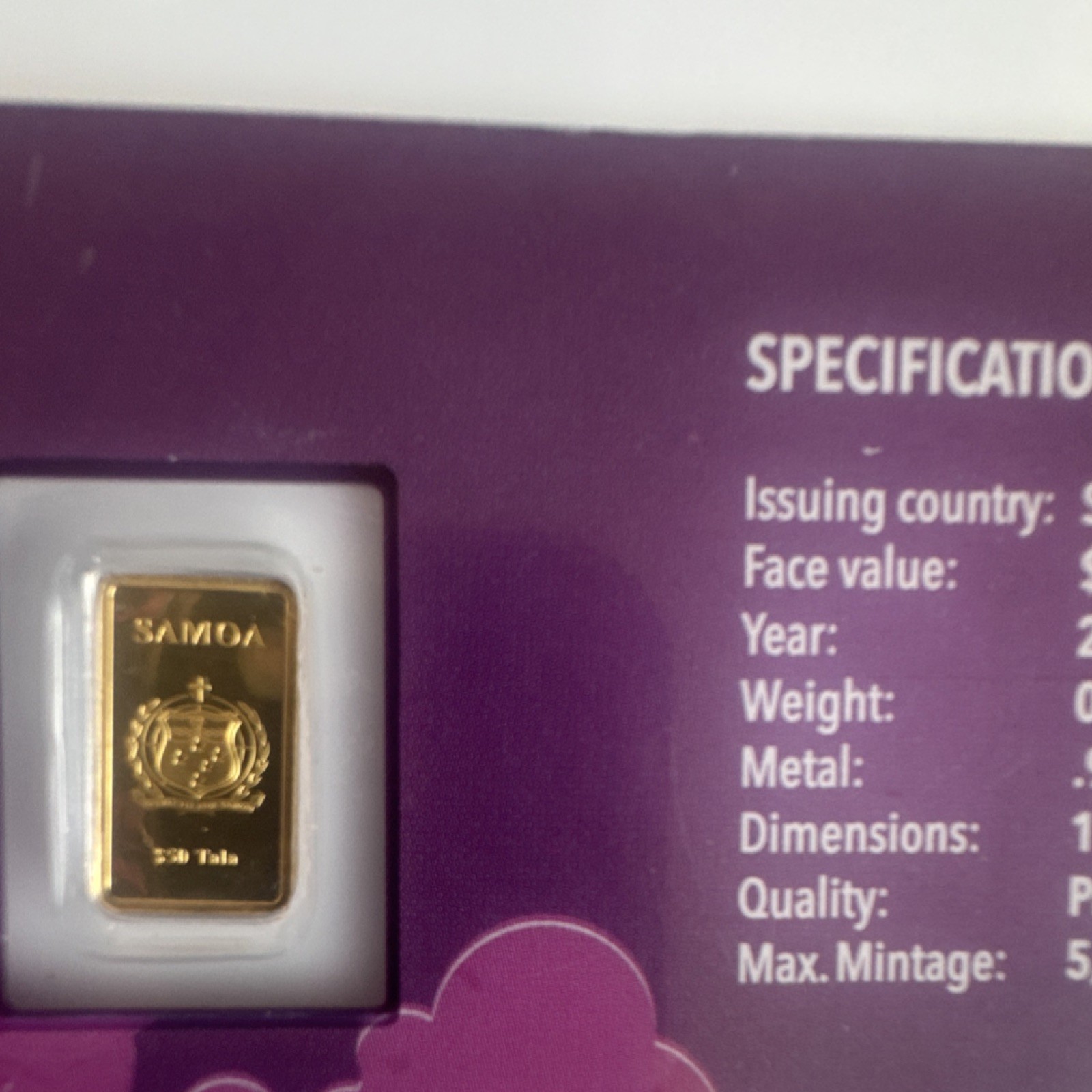 Samoa 2023 Guardian Angel Special Edition Gold Bar 0.5g .9999 Fine