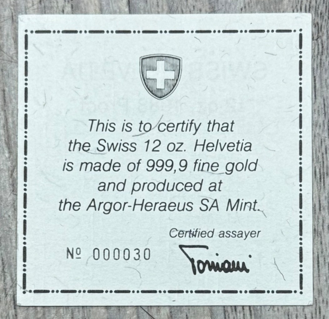 1988 Swiss Helvetia 12ozt. .9999 Gold Lion of Luzern Proof Coin OGP & COA