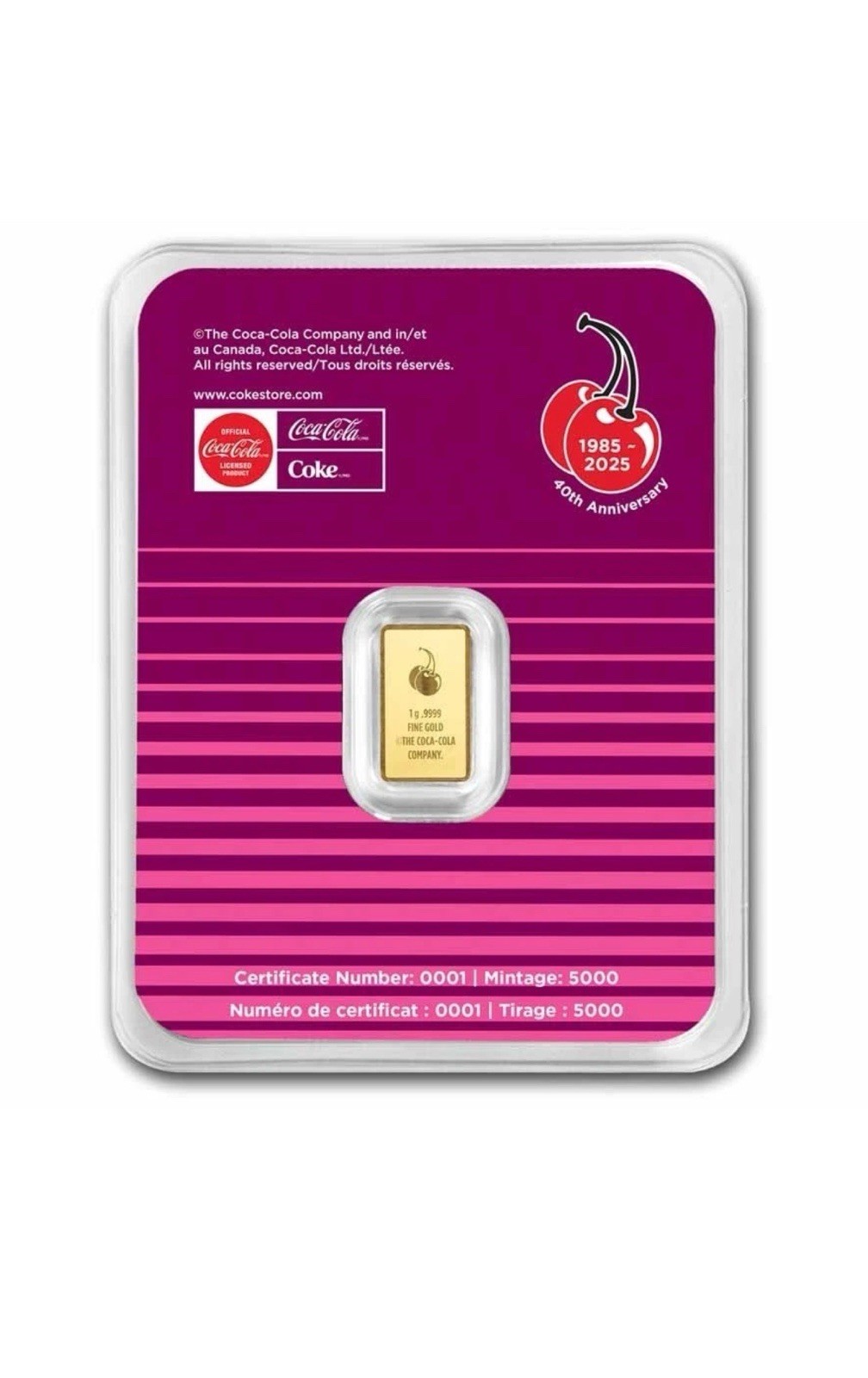 CHERRY COKE – 1 gram BAR .9999 FINE Gold Bar PAMP Suisse COA – 5,000 Mintage