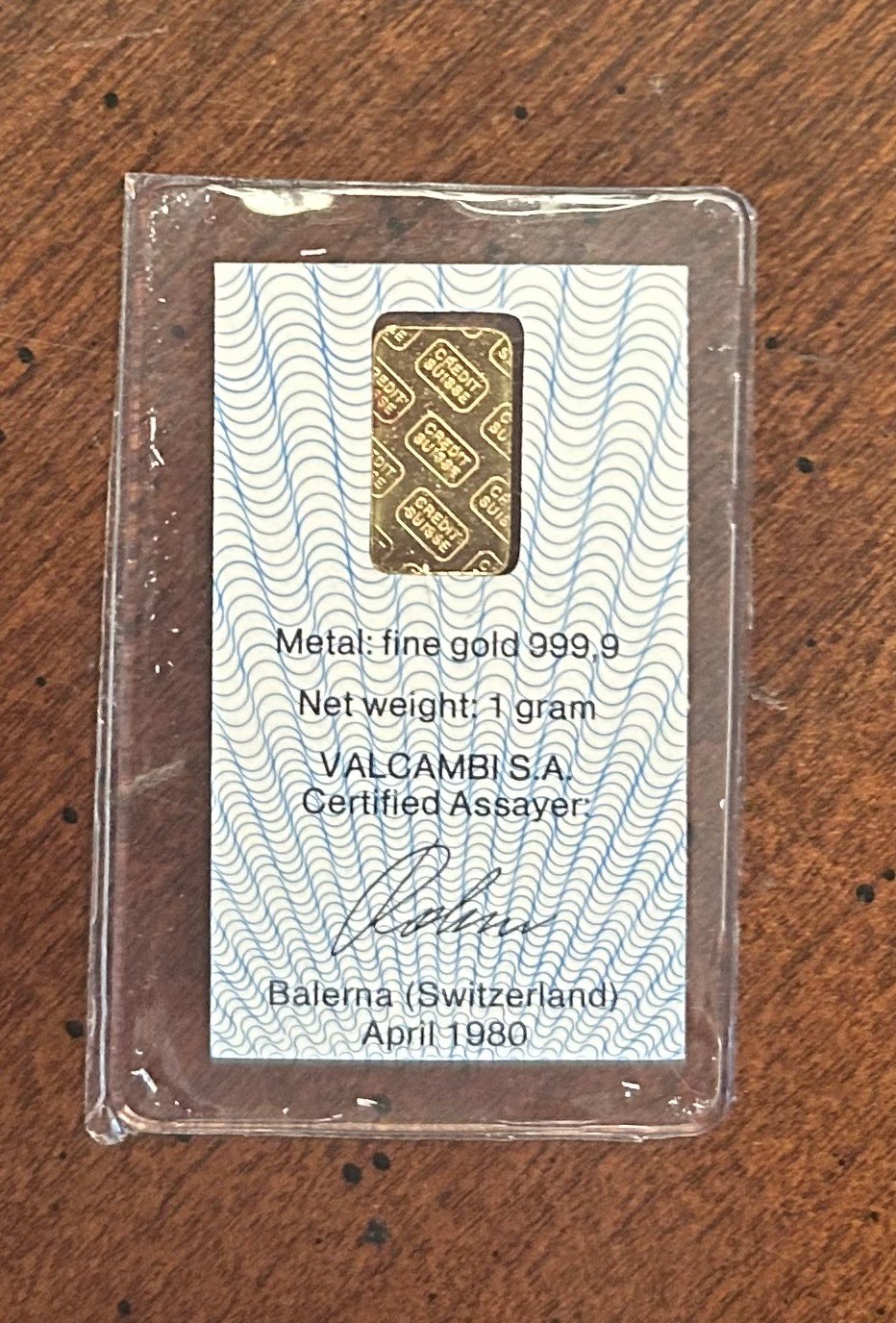 Vintage 1 Gram Credit Suisse Zurich 999.9 Gold Bar In Sealed Assay Serial #36428