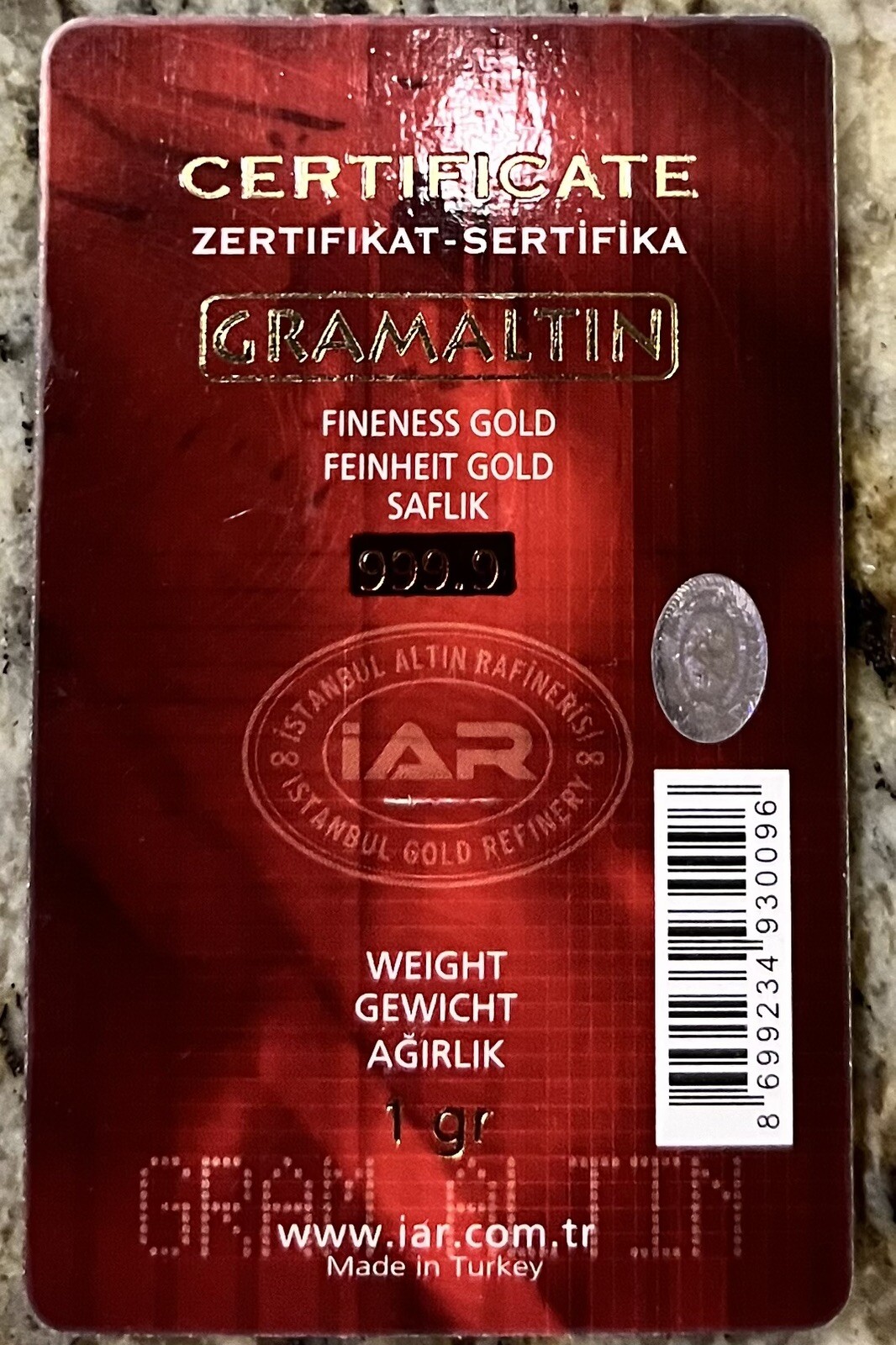 RARE Red Istanbul Altin Rafinerisi (IAR) 1g Gold Bar – Vintage Assay – LBMA
