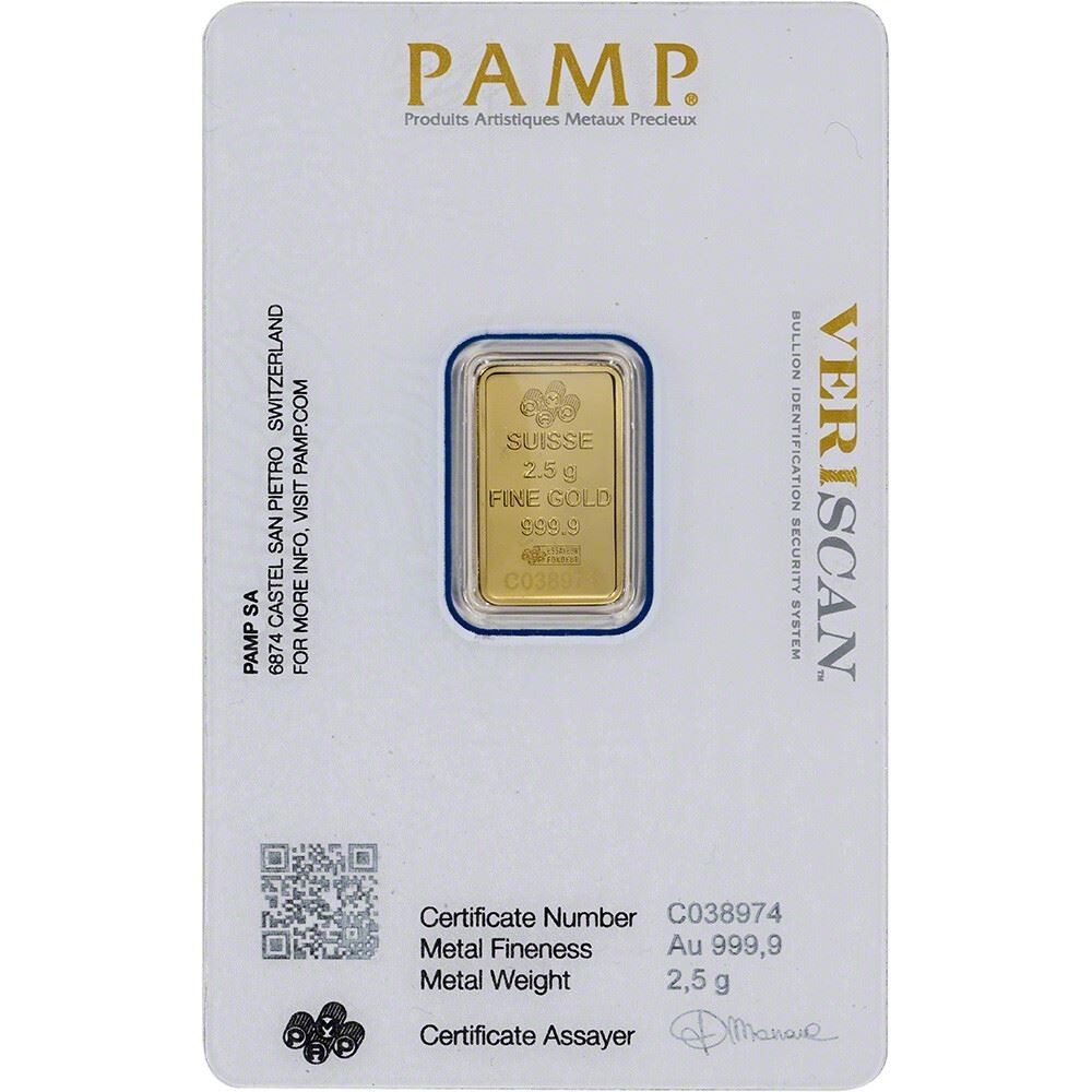2.5 gram Gold Bar – PAMP Suisse – Fortuna – 999.9 Fine in Sealed Assay