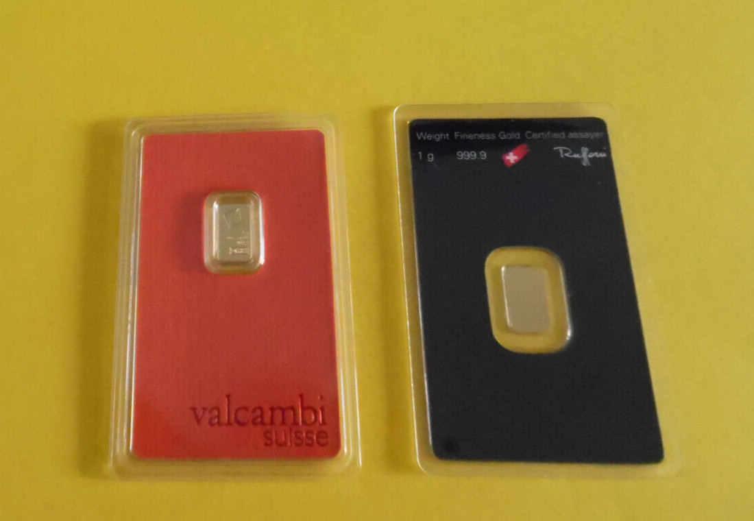 2 Gold Bars 1 Gram Each 999.9 Fine Valcambi and Argor Heraeus Sealed Assay Shown