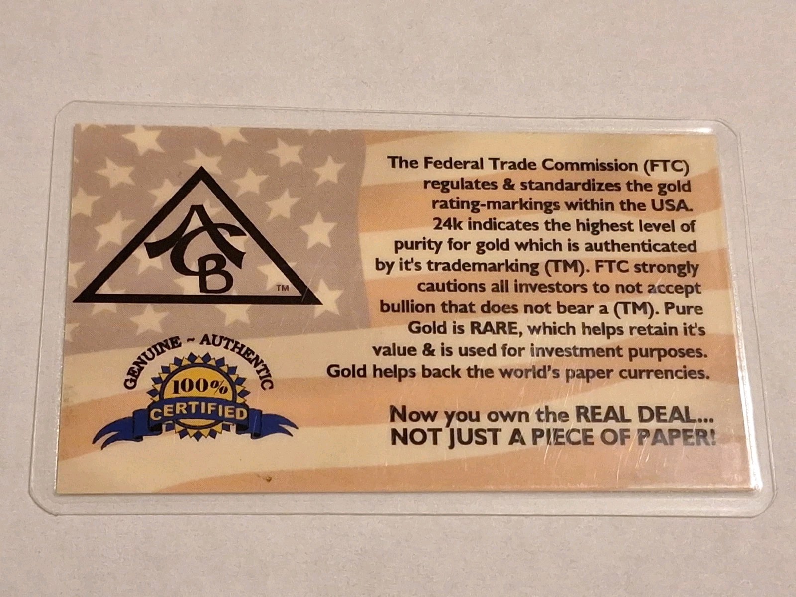 GOLD ACB 1/4GRAIN 24K SOLID BULLION BAR 9999 FINE CERT/AUTHENTICITY`