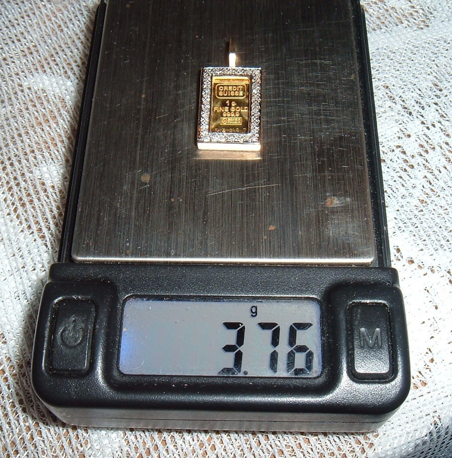 24K GOLD Credit Suisse 999.9 FINE INGOT BAR 14K DIAMOND BEZEL PENDANT FOR CHAIN