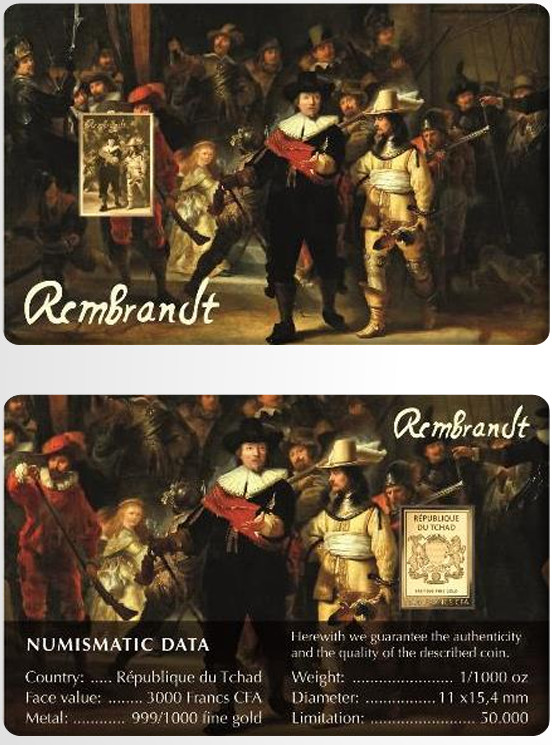 Nightwatch By Rembrandt 1/1000 Oz 999 Gold Coin Bar card