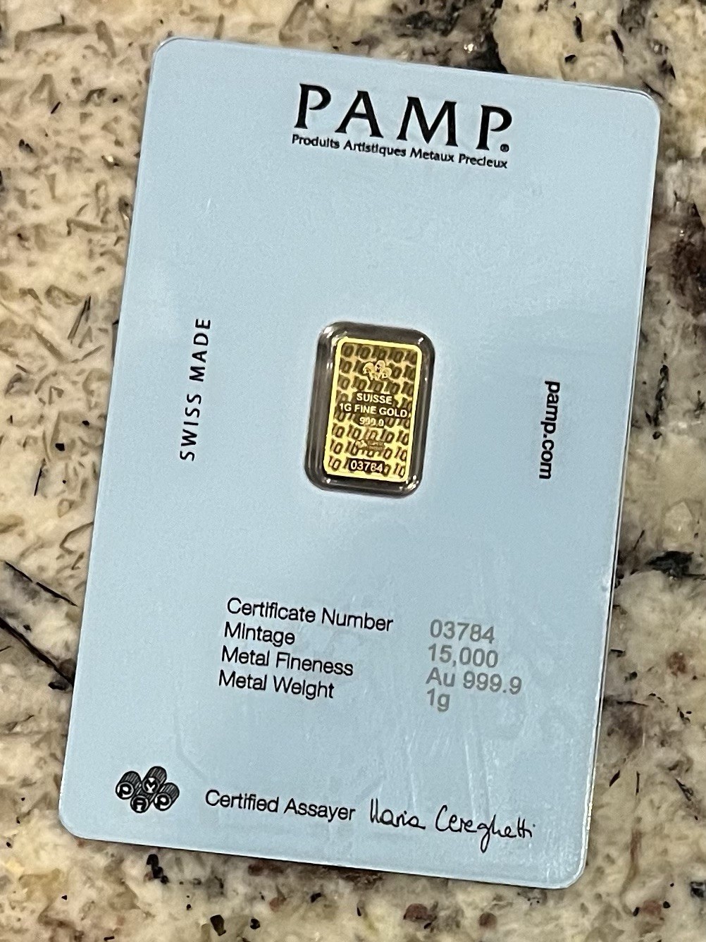 Pamp 1g Gold Bar Diego Maradona Hand of God certificate number 3784/15,000