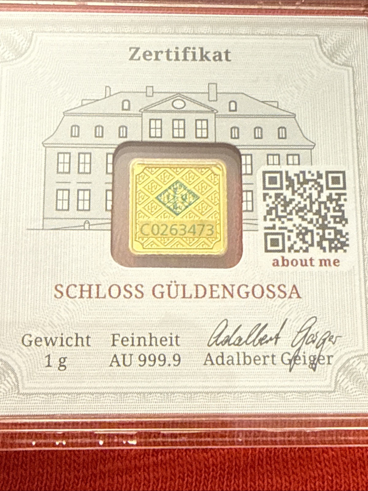 1 Gram Geiger 24K Gold 999.9 Bullion Certified in Assay Square Bar