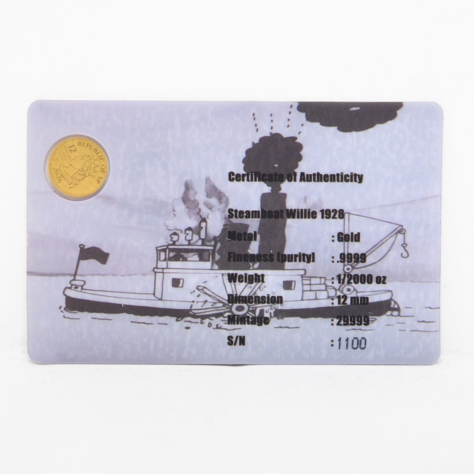 2026 Steamboat Willie 1928 Mickey Mouse 1/2000-oz .9999 Gold in Card Cert #1100