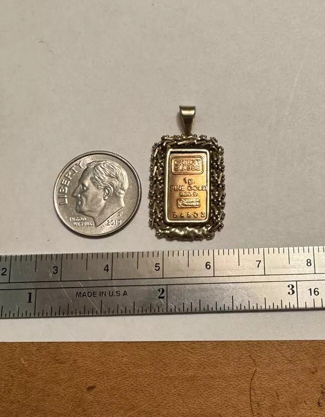1 GRAM CREDIT SUISSE 999.9 GOLD BAR & 10K STAMPED MEXICO BEZEL PENDANT 3.2 GRAM
