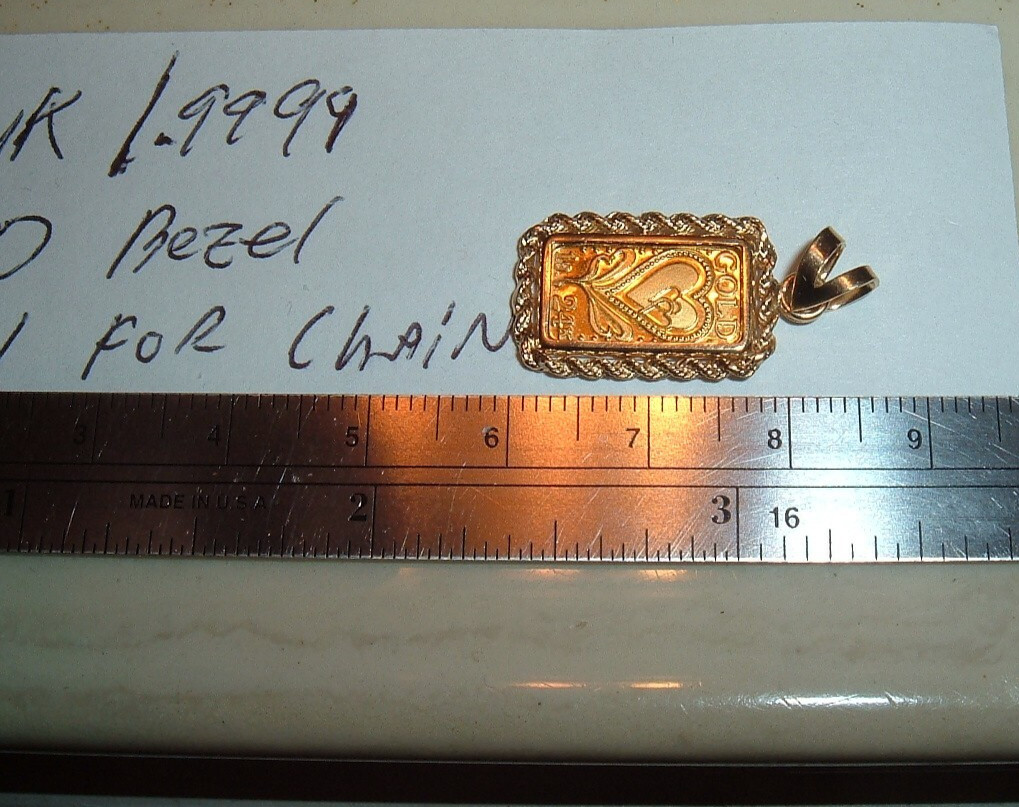 1 GRAM 24K .9999 FINE GOLD HEART BAR 14 KT ROPE BEZEL 4MM BAIL PENDANT 2.29g