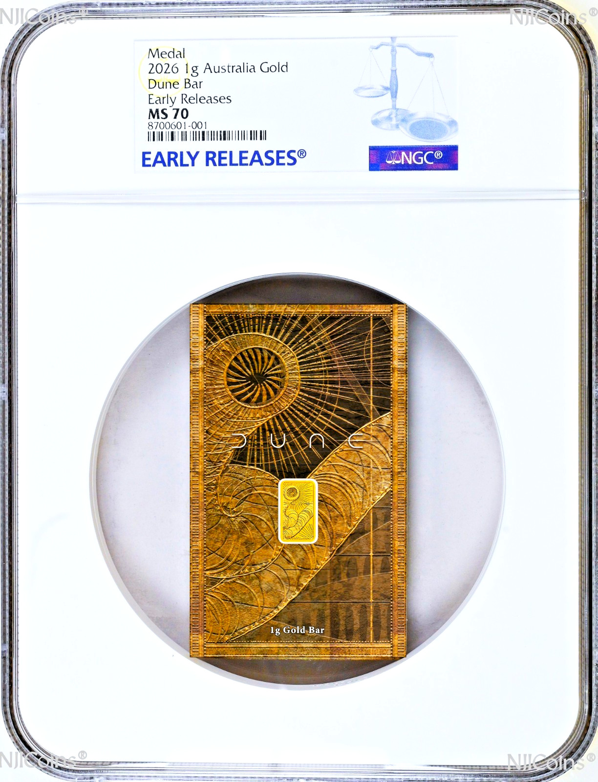 2026 DUNE 1g .9999 Gold Perth Mint Minted Bar with mint card NGC MS 70 FR