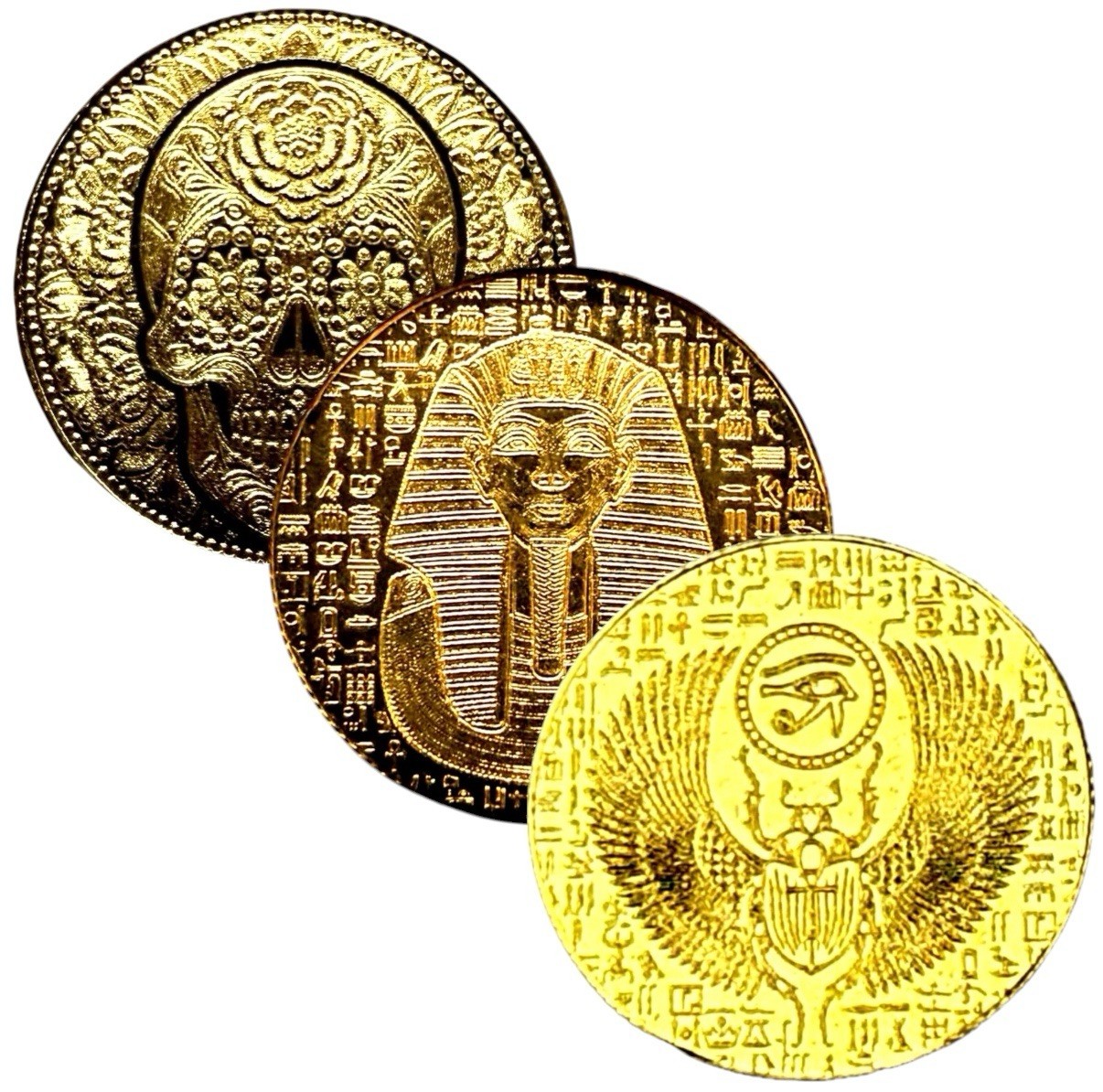 LOT X 3 MONARCH EGYPTIAN KING TUT SCARAB & DAY OF THE DEAD .9999 GOLD ROUNDS BU