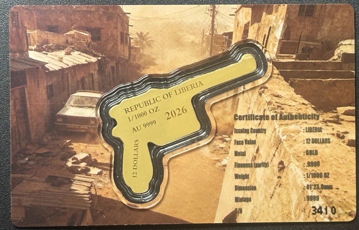 1/1000 oz Gold Mauser C96 Gun Shaped 2026 Liberia .9999 Gold Coin in Card
