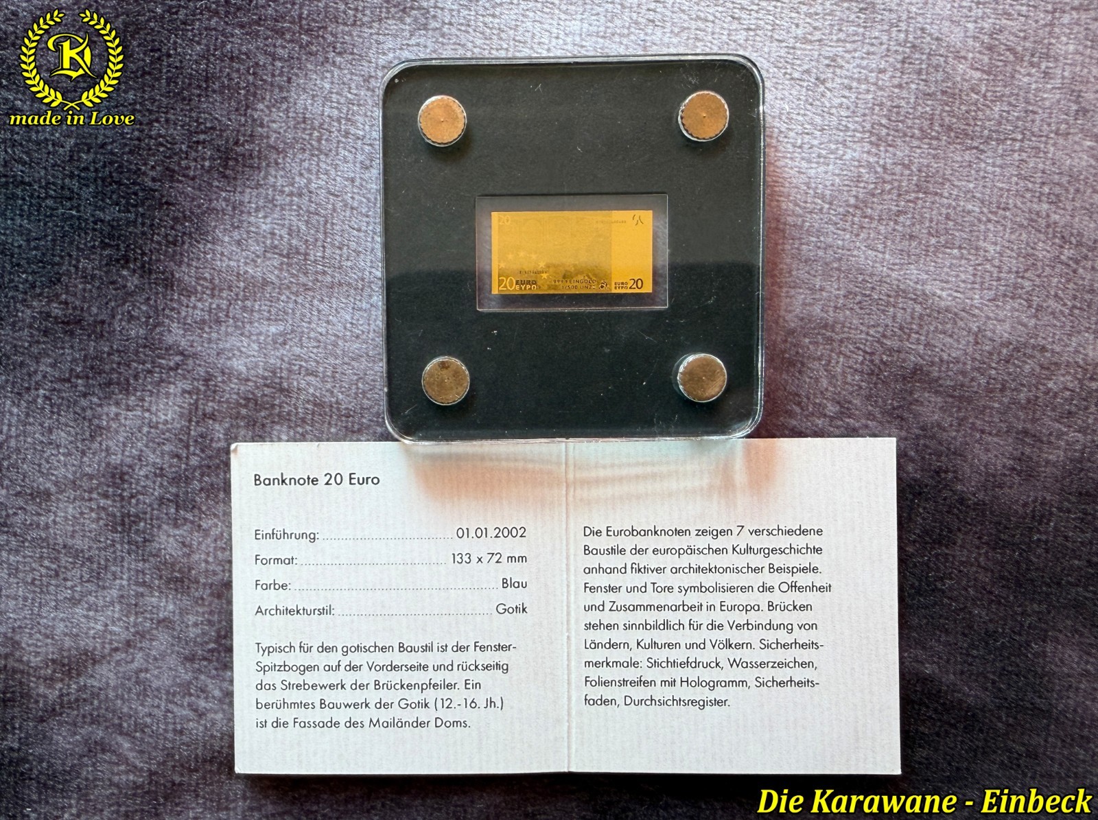 Gold Bar 20 Euro Banknote 999 Fine Gold 1/500 oz Miniature incl. Certificate