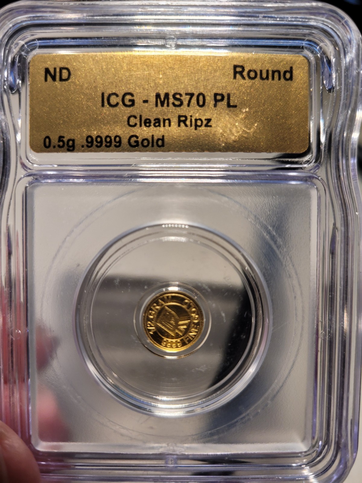 Clean Ripz 0.5 gram .9999 Gold Round ICG MS70 PL