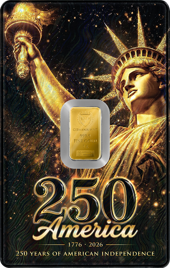 250 YEARS OF AMERICAN INDEPENDENCE – 1g Gold Bar by Germania Mint – LIMITED 2500