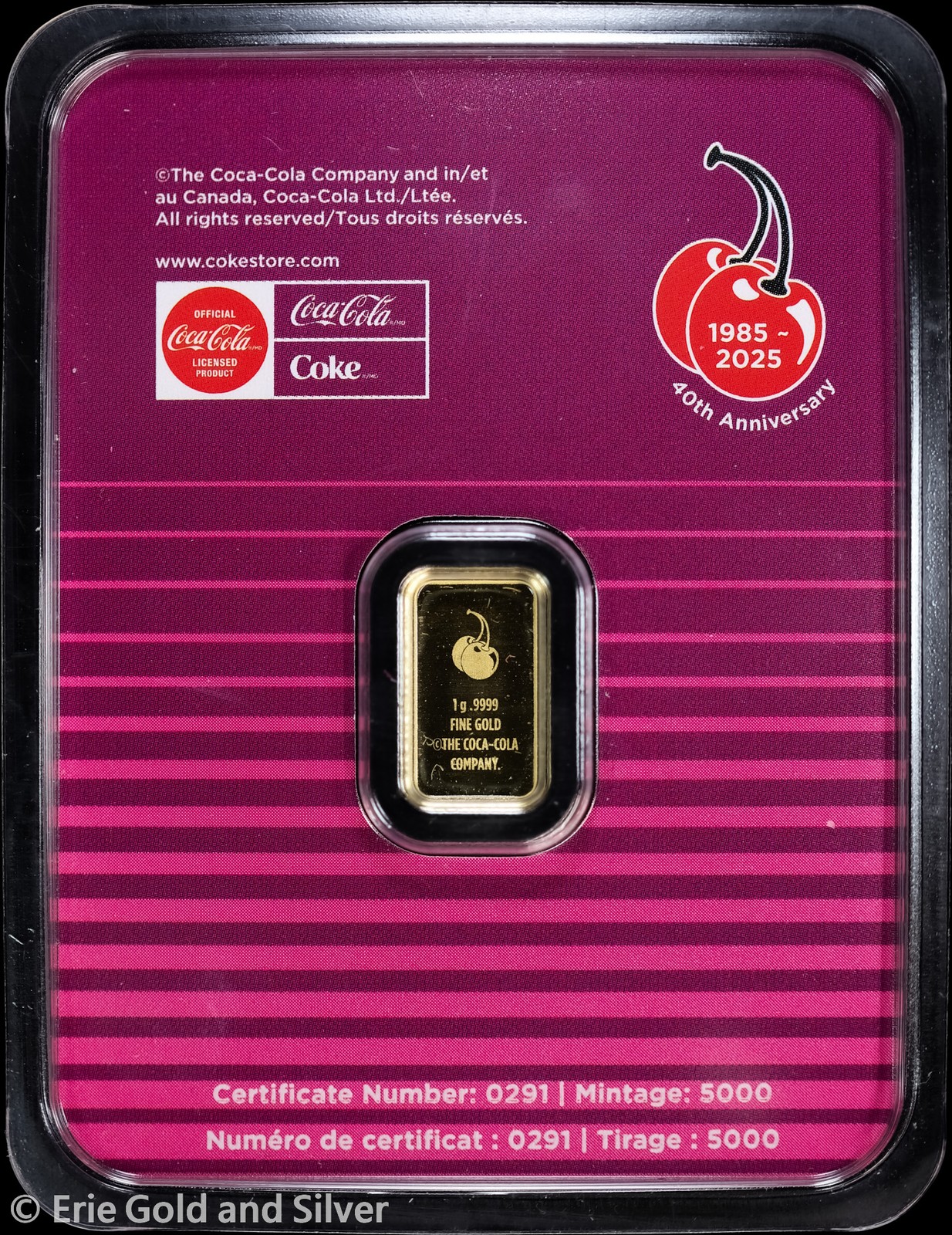 2025 Coca-Cola 40th Anniversary Cherry Coke 1g Gold Bar in OGP