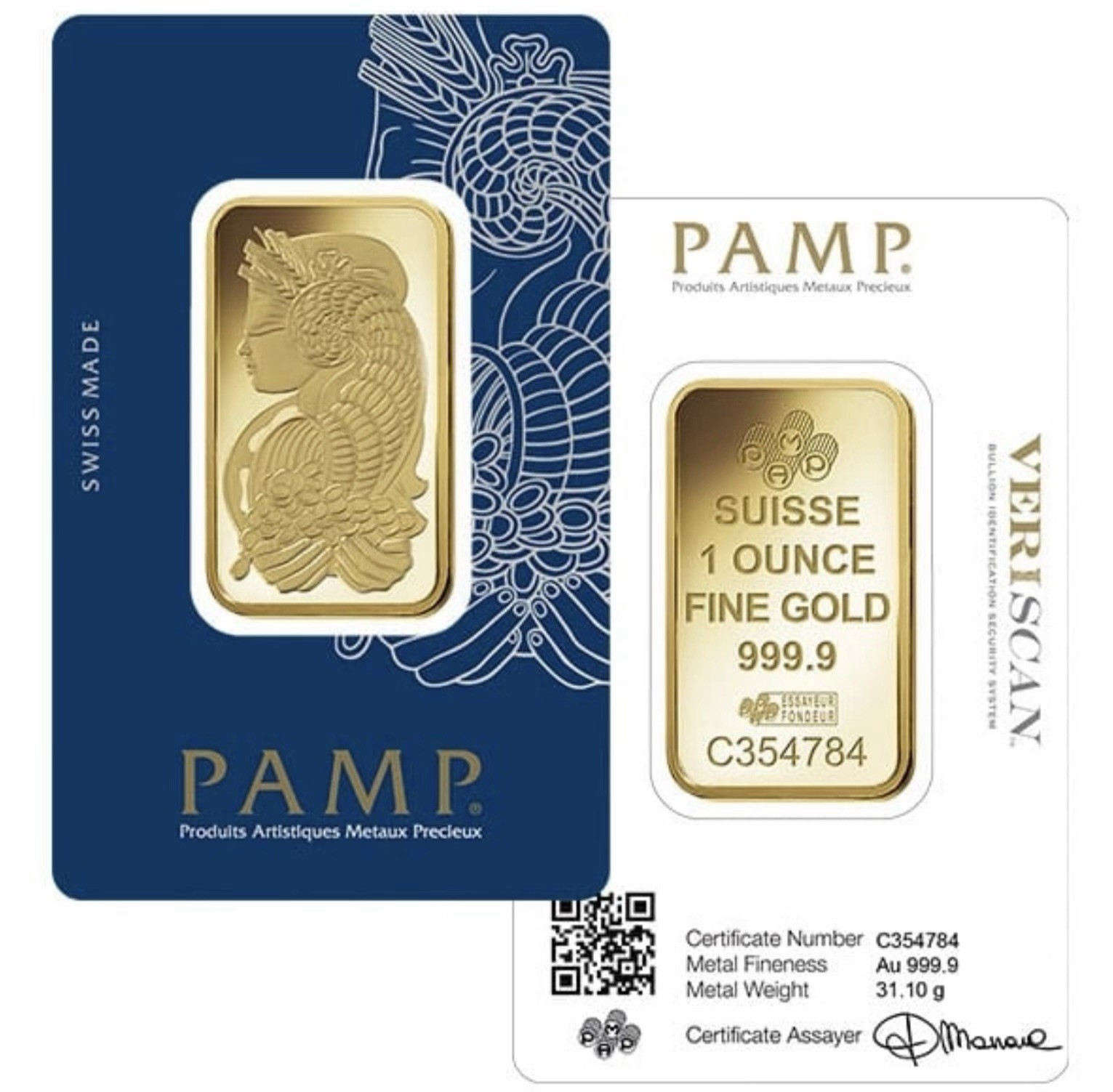 1 oz Gold Bar PAMP Suisse Lady Fortuna Veriscan (In Assay) .9999 Fine