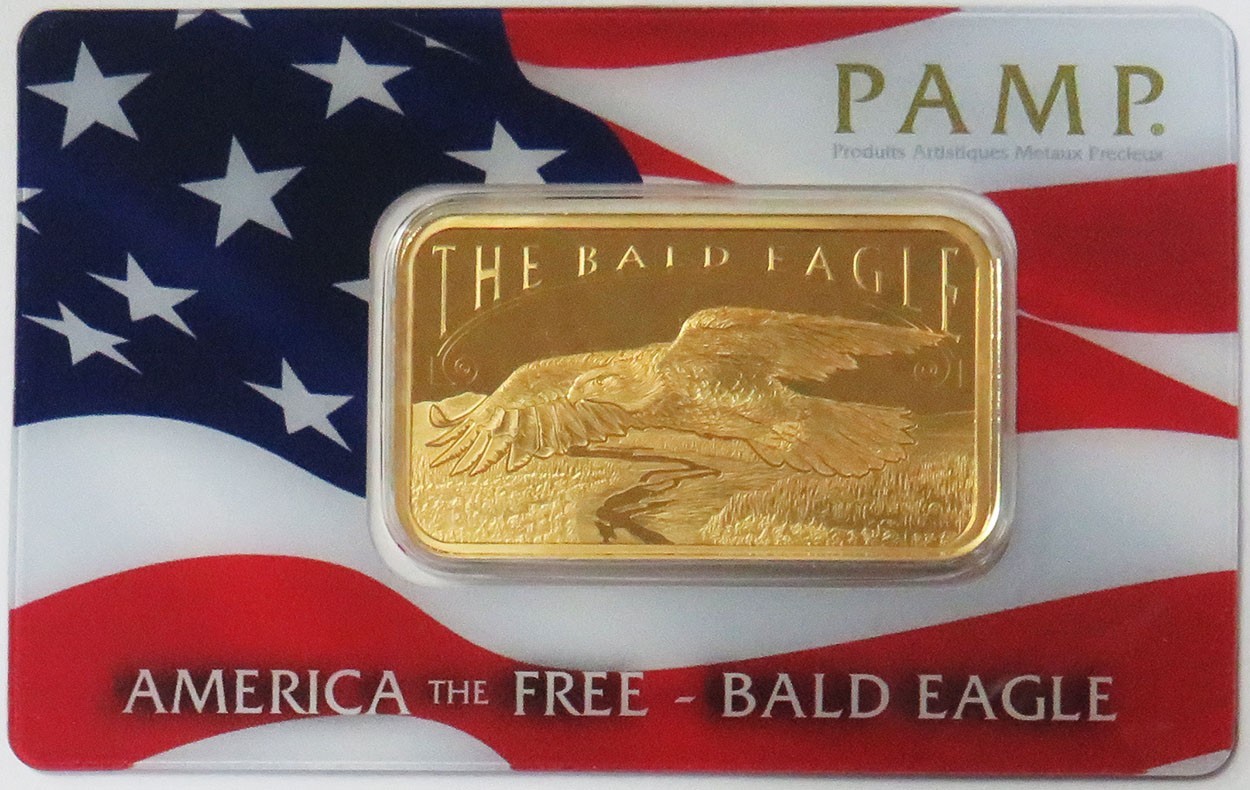 PAMP 1oz GOLD THE BALD EAGLE AMERICA THE FREE 999.9 BAR IN COA ASSAY CARD