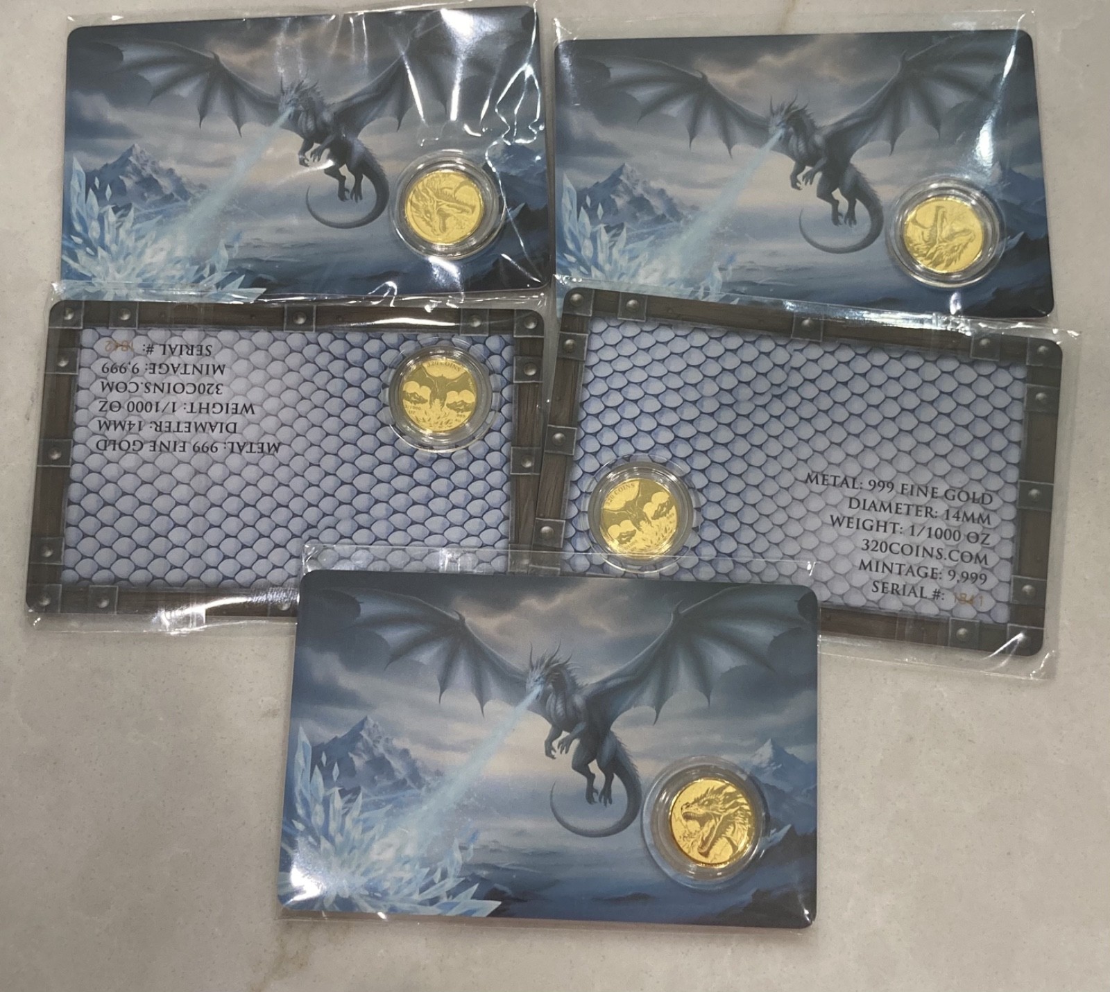 (5) Ice Dragon 1/1000 oz Fine Gold Round in Card (9,999 Mintage)
