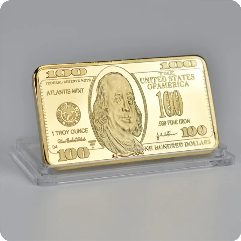 1pc USA 100 Dollar Bullion 24k Gold Bar American Metal Coin Golden USD With Gif
