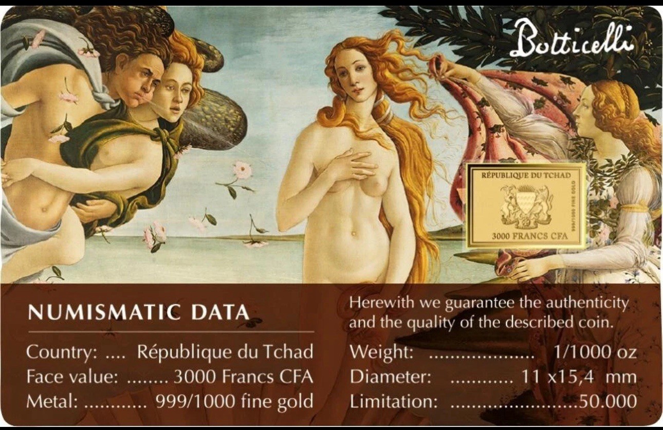 Birth of Venus By Botticelli 1/1000 Oz 999 Gold Coin Bar 3000 Francs Chad