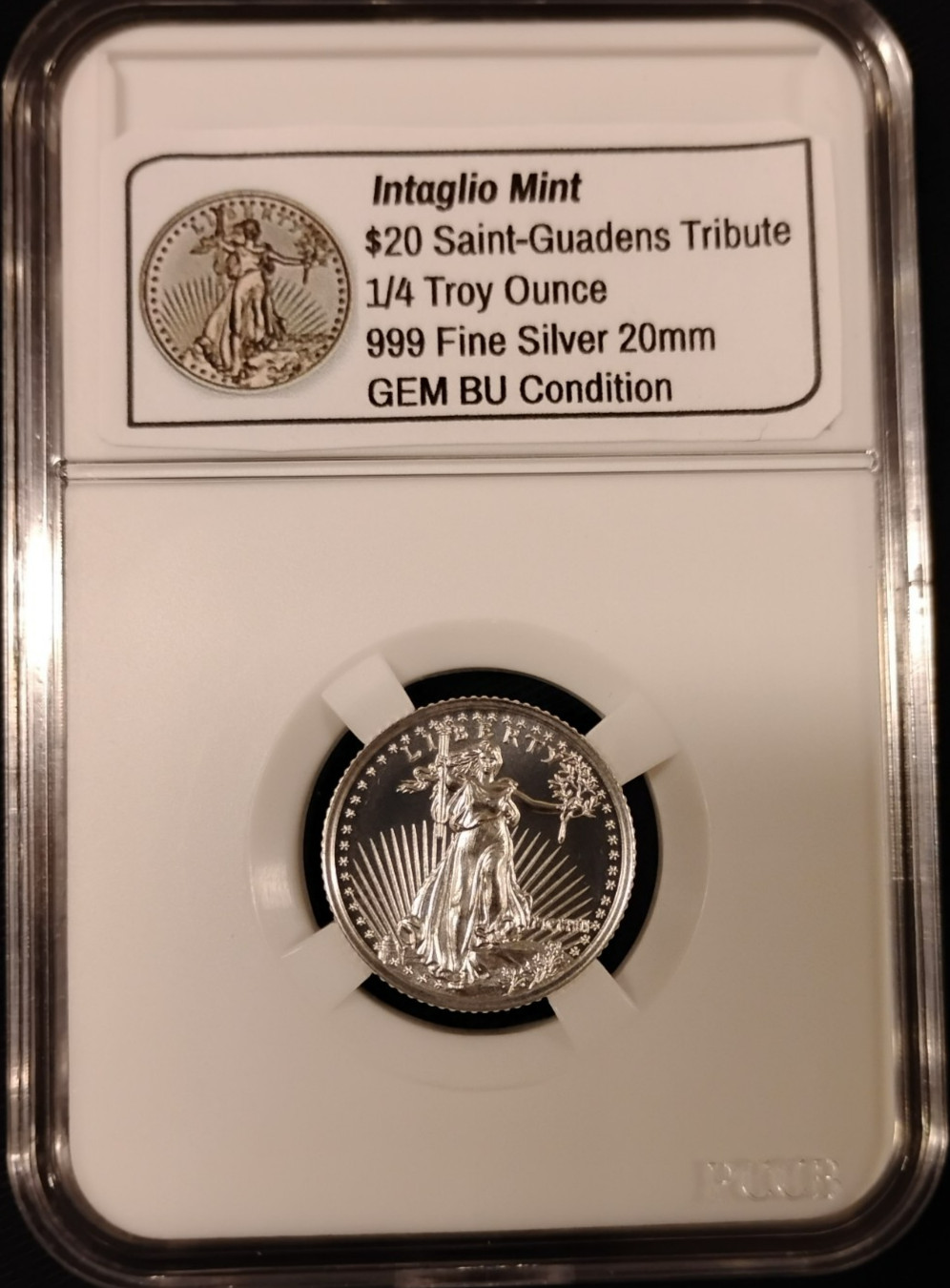 Saint-Gaudens 1/4 oz 999 Fine Silver Tribute Round in PCCB Coin Holder GEM MINT!