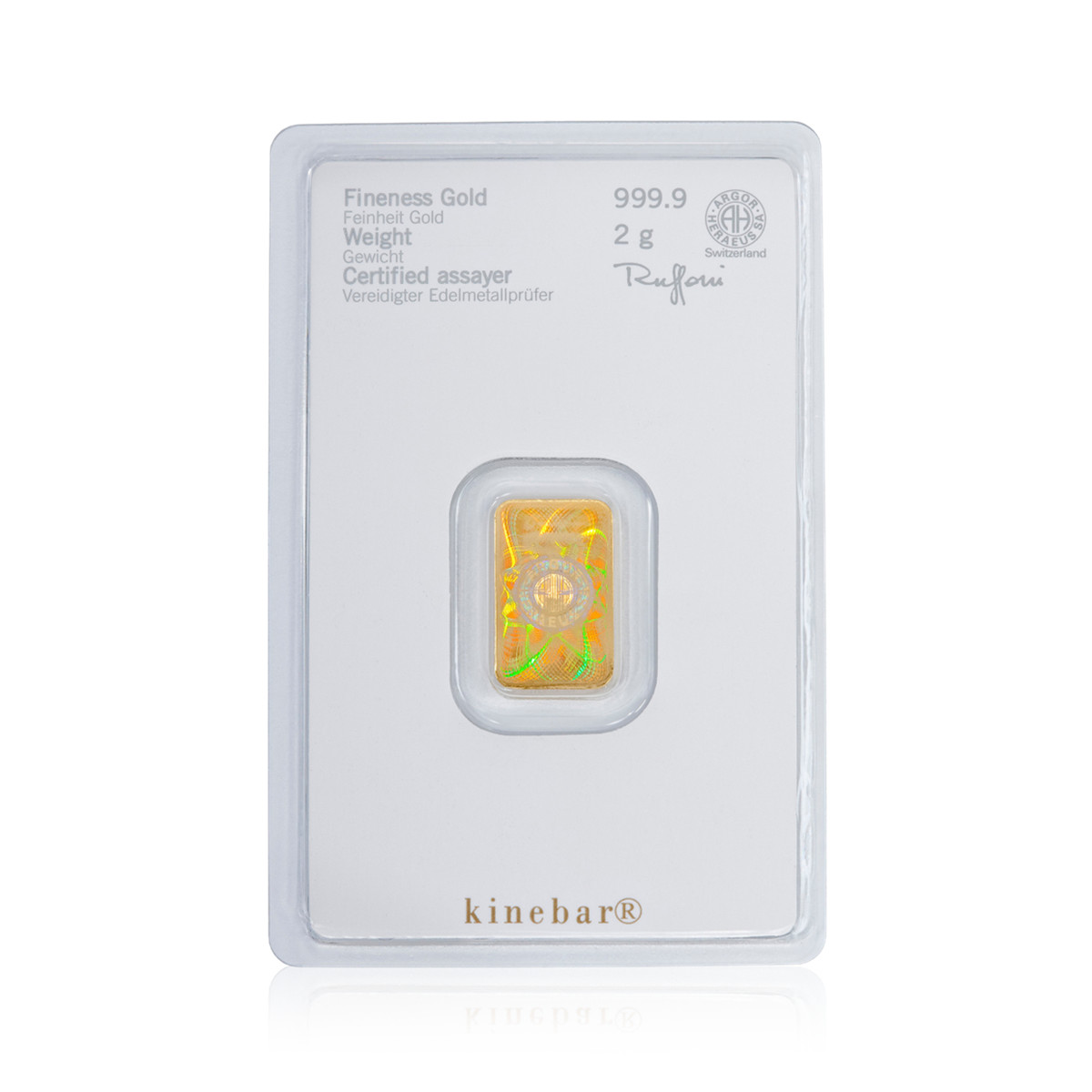Gold Bar 2 Grams 999.9 Kinebar Heraeus in Blister Card with Certificate New Product