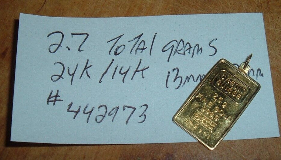 24K GOLD Credit Suisse 999.9 FINE 2.5 INGOT BAR 585 14K PENDANT BEZEL CHAIN 2.7g