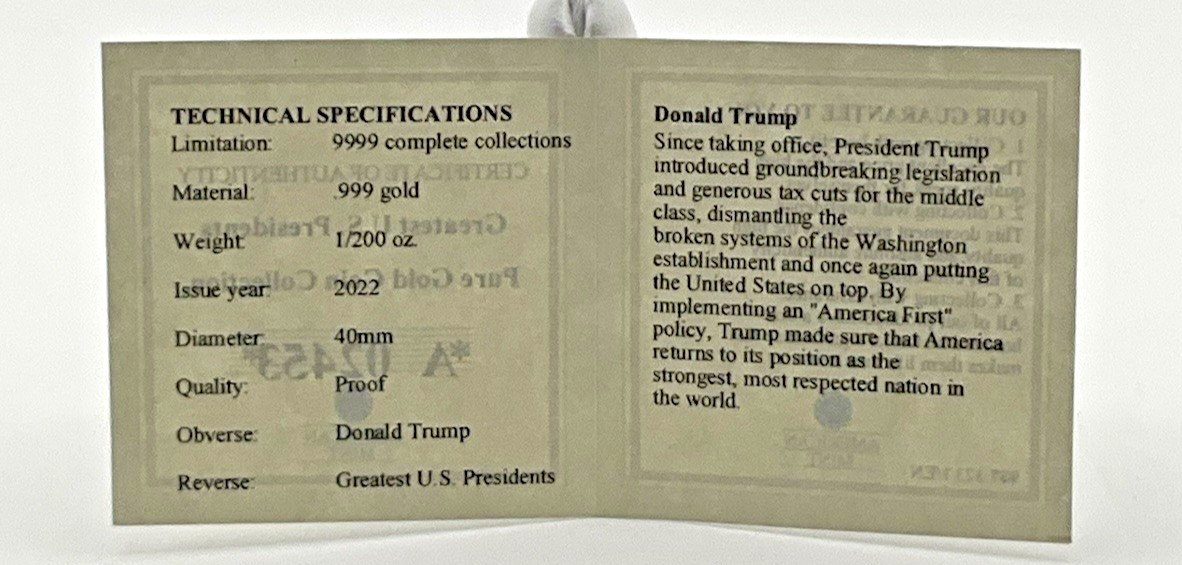 2022 1/200 OZ .999 GOLD AMERICAN MINT DONALD TRUMP W/COA