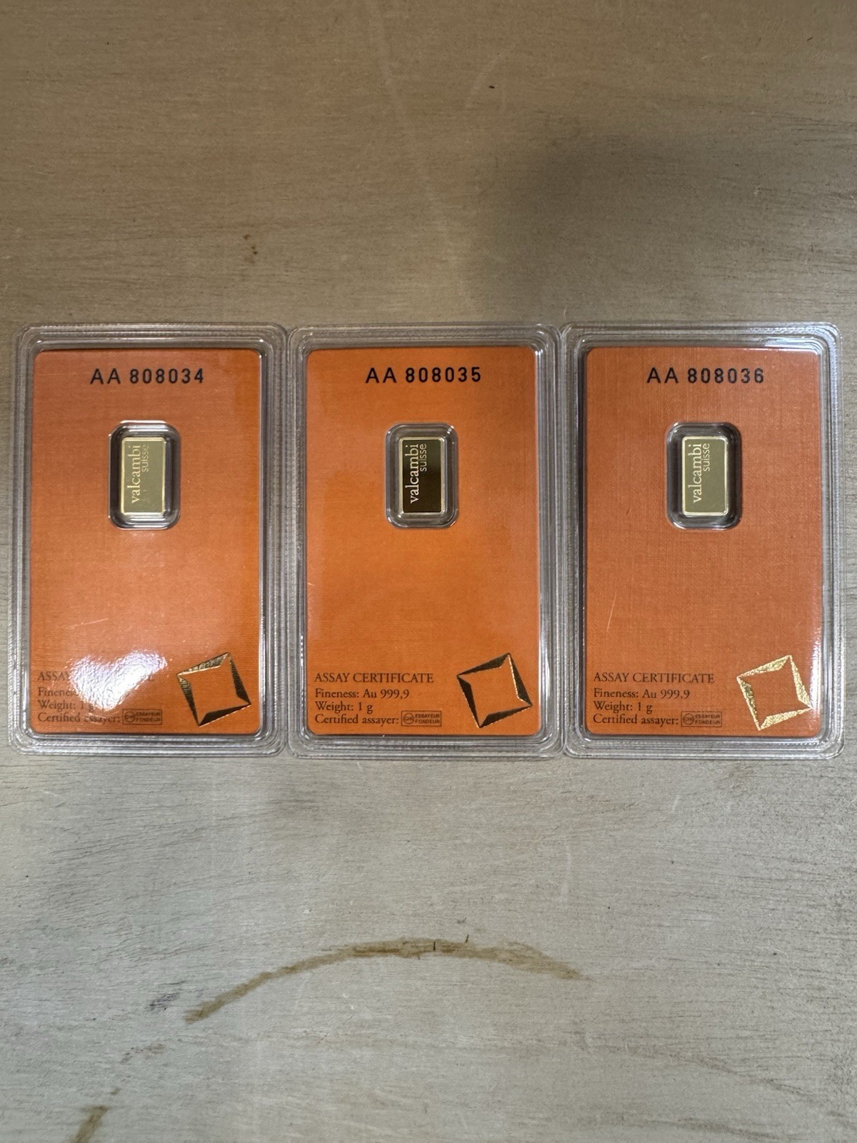 Valcambi Suisse .9999 Fine Gold Bar 1 Gram Lot of 3 Consecutive Serial #s
