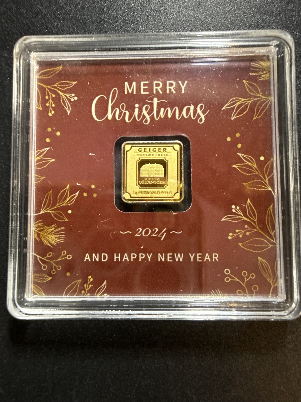 Merry Christmas Geiger In Assay-1 Gram Gold Bar (Only 1,000 Mintage) 999.9 Fine