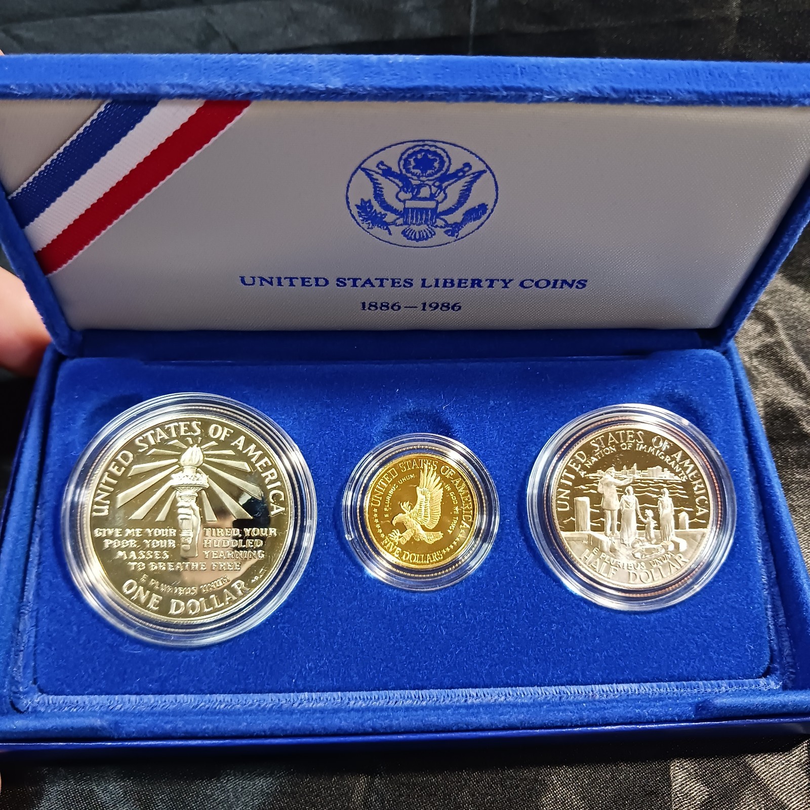 1886-1986 U.S. Liberty 3-Coin Proof Set $5 Gold $1 Silver Half Dollar Box w/COA