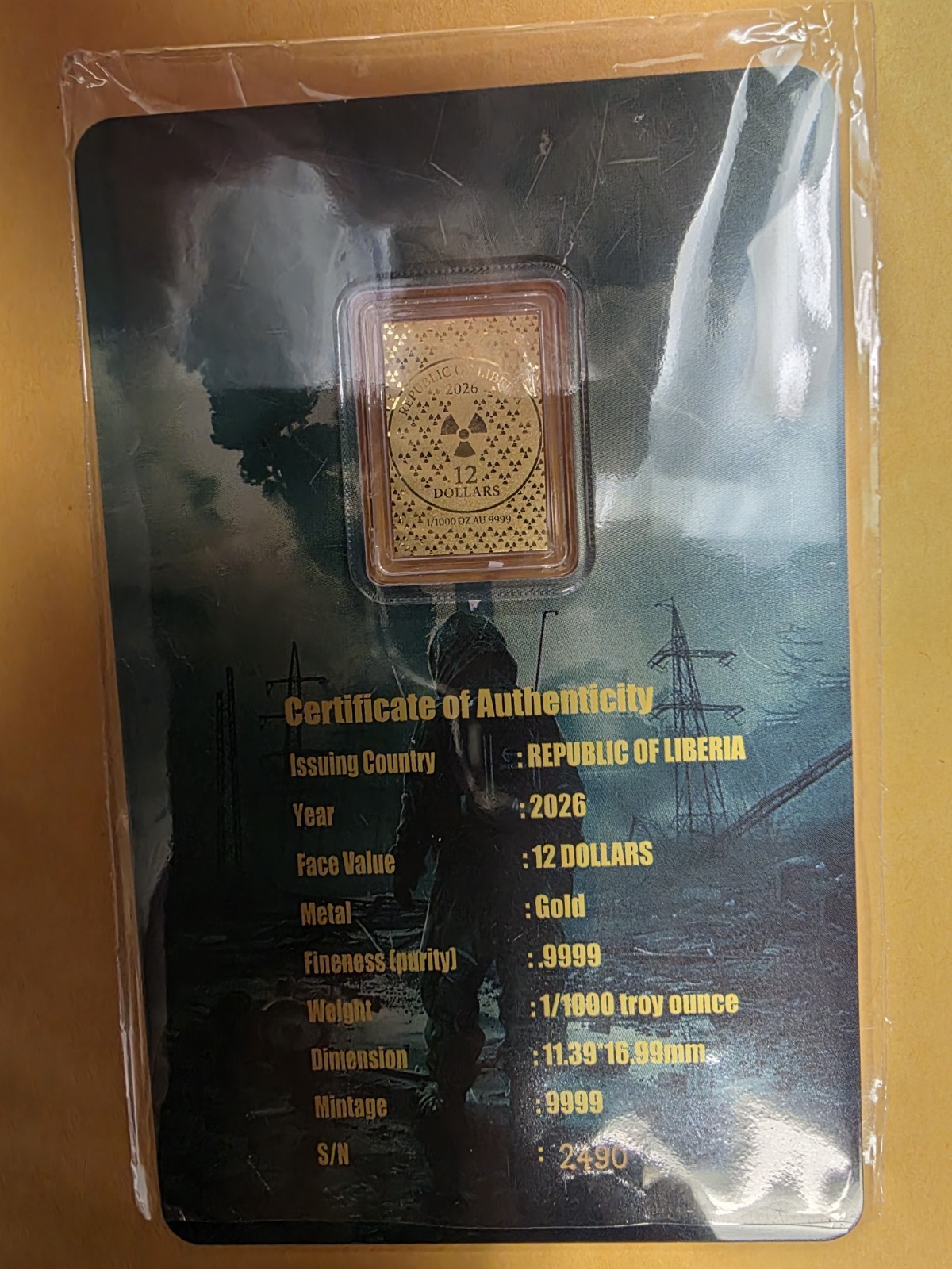 1/1000 oz 9999 Gold Bar Chernobyl 1986 Radiation Theme in capsule card