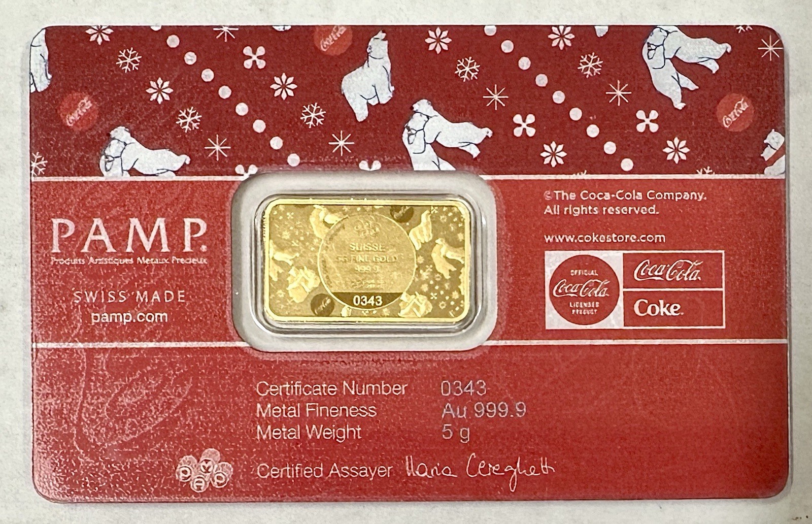 PAMP COCA-COLA® 5 GRAM GOLD BAR POLAR BEAR SERIAL #0343 LIMITED MINTAGE OF 5,000