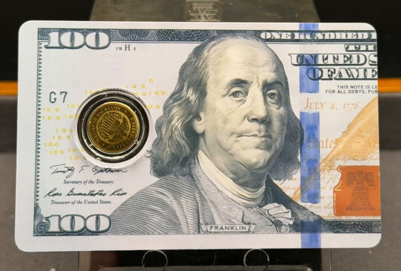 1/1000 oz Gold Coin Card 9999 Fine Gold 100 Dollar Bill Flag Theme