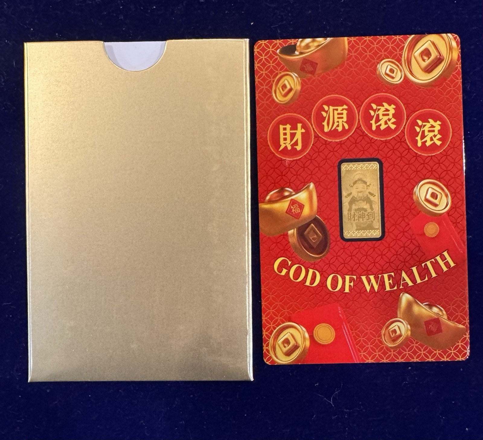 God of Wealth .999 Fine Gold Bar 1/1000 oz Proof in Card w/ Sleeve