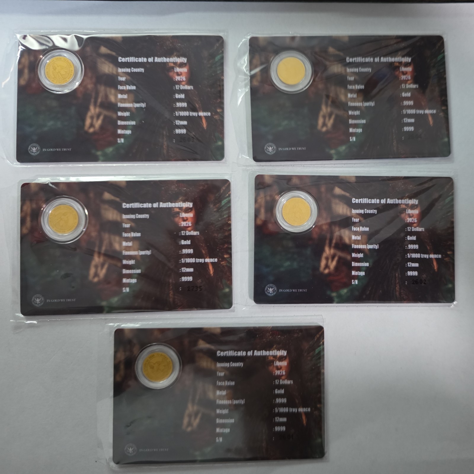 Lot of 5 SIREN 1/1000 oz Fine Gold 12mm Coin in Capsule Card 12$ Liberia